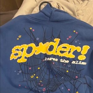 Blue Hoodie with Yellow 'Spider!' Graphic